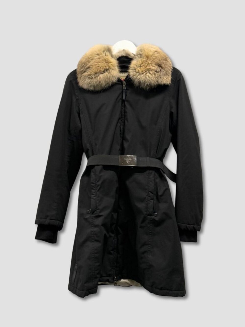 PRADA AW06 Black Gore-Tex Fox Fur Collar Logo Belted Padded Coat Sz IT 44 Vtg